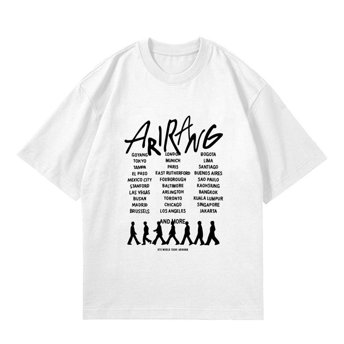 Playera Oversize Blanca BTS Arirang World Tour – Diseño Kpop Ciudades 🔥💜