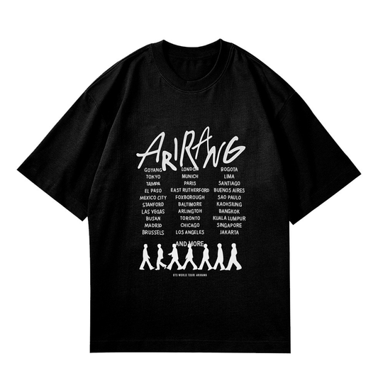 Playera Oversize Negra BTS Arirang World Tour – Diseño Kpop Ciudades 🔥💜