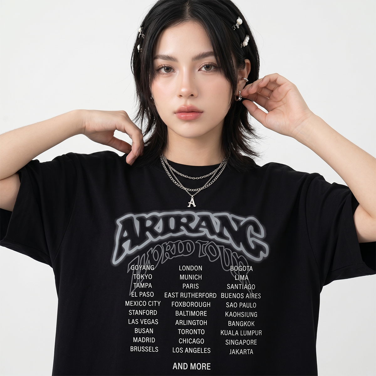 Playera Oversize Negra BTS Arirang Tour – Diseño Kpop Ciudades 🔥💜
