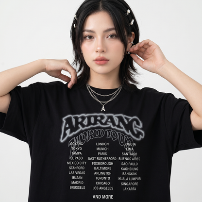 Playera Oversize Negra BTS Arirang Tour – Diseño Kpop Ciudades 🔥💜