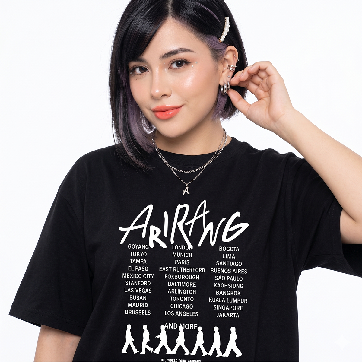 Playera Oversize Negra BTS Arirang World Tour – Diseño Kpop Ciudades 🔥💜