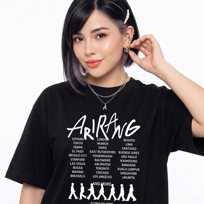 Playera Oversize Negra BTS Arirang World Tour – Diseño Kpop Ciudades 🔥💜