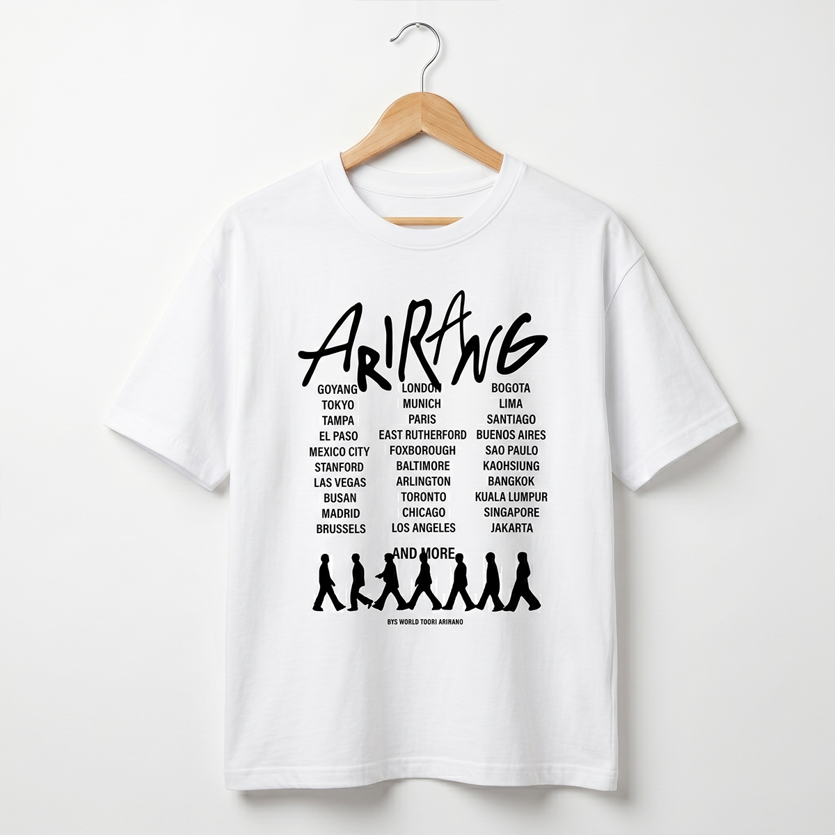 Playera Oversize Blanca BTS Arirang World Tour – Diseño Kpop Ciudades 🔥💜