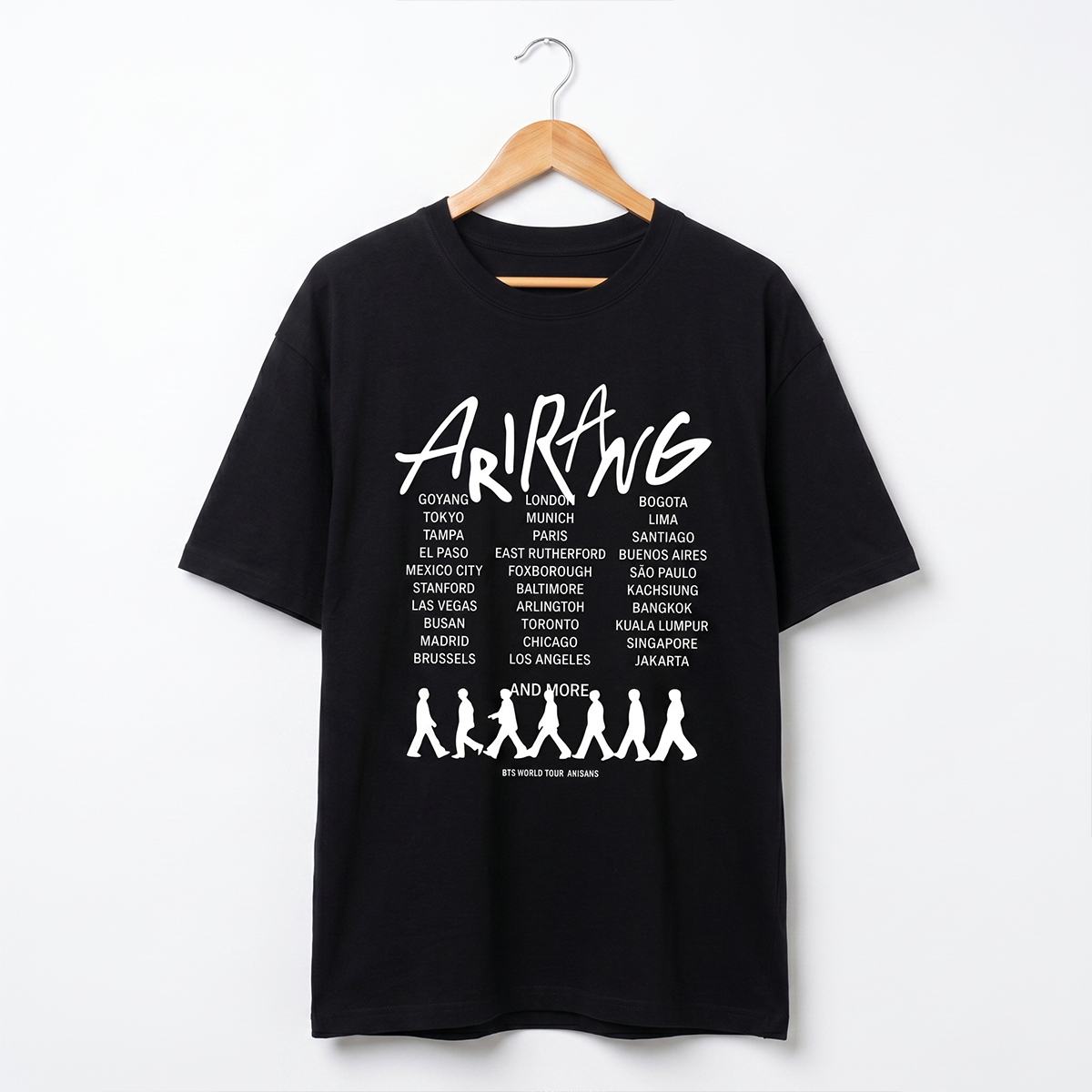 Playera Oversize Negra BTS Arirang World Tour – Diseño Kpop Ciudades 🔥💜