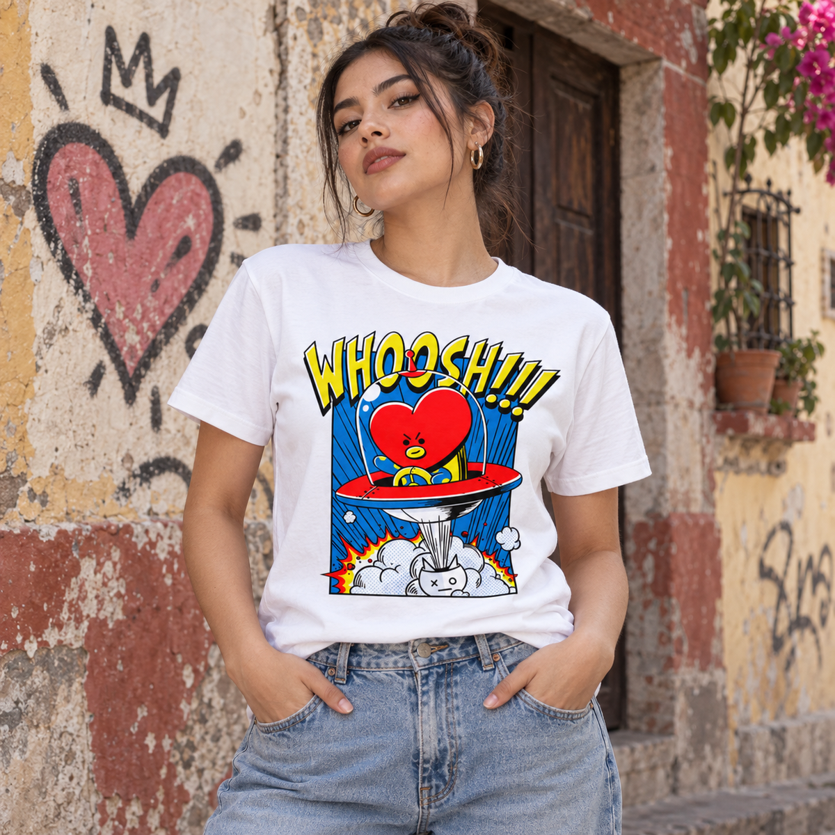 Playera TATA BT21 Whoosh – Diseño Cómic K-Pop 🚀